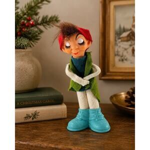 Vintage 1968 Delta Novelty Pixie Elf Figurine Felt Clothes Blue Shoes 4.5”